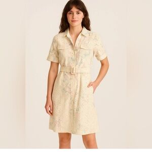 NWT Solitaire Floral Eyelet Belted Mini Shirt Dress Short Sleeve size S
